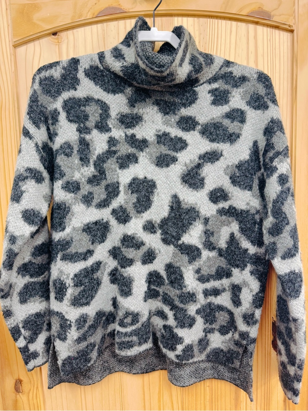 DKNY Black and Gray Leopard-Print Turtleneck Sweater